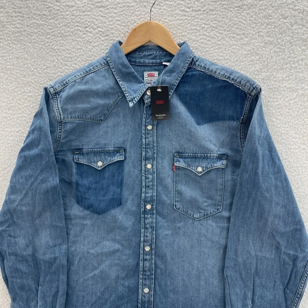 Levis Shirt Mens S Blue Western Denim Pearl Snap Yoke Cowboy Ranch Distressed